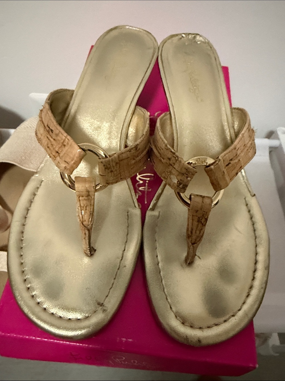 Tory Burch Gold Metallic Footbed Cork-Trim Thong Sandals